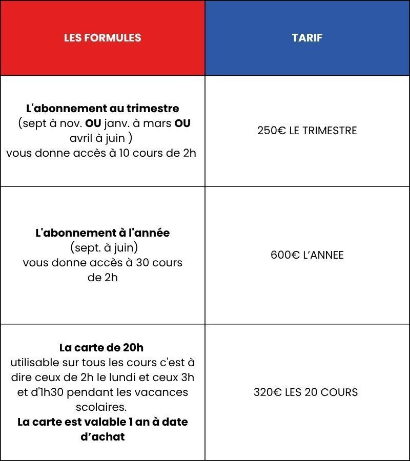 TARIF POTERIE 25/26